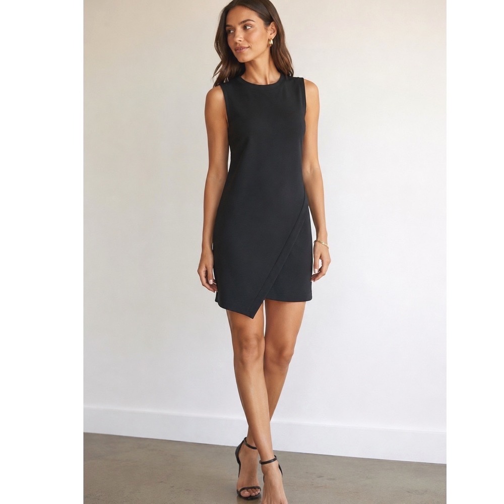 Olivia Grey Women Mini Dress Medium Black Sleeveless Tulip Wrap Hem NWT